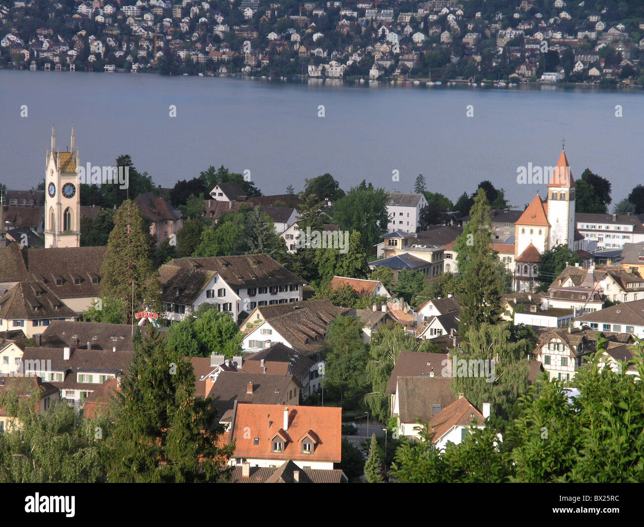 Canton Zurich Cities City Color Colour Gold Coast Kusnacht Kusnacht Lake Lakes Overview Roof Roofs Swit Stock Photo