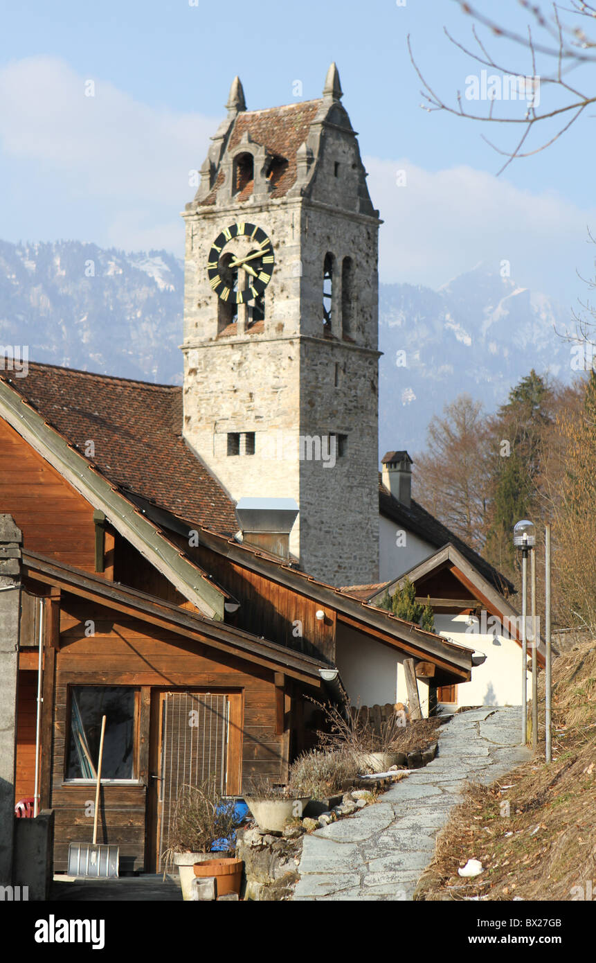 Church clock and bell tower at Interlaken, Switzerland Stock Photo