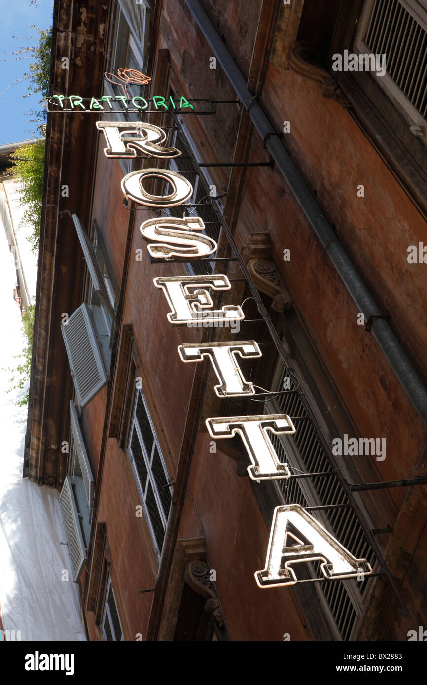Trattoria Rosetta neon sign, a small typical restaurant in Rome city centre near the Pantheon Stock Photo