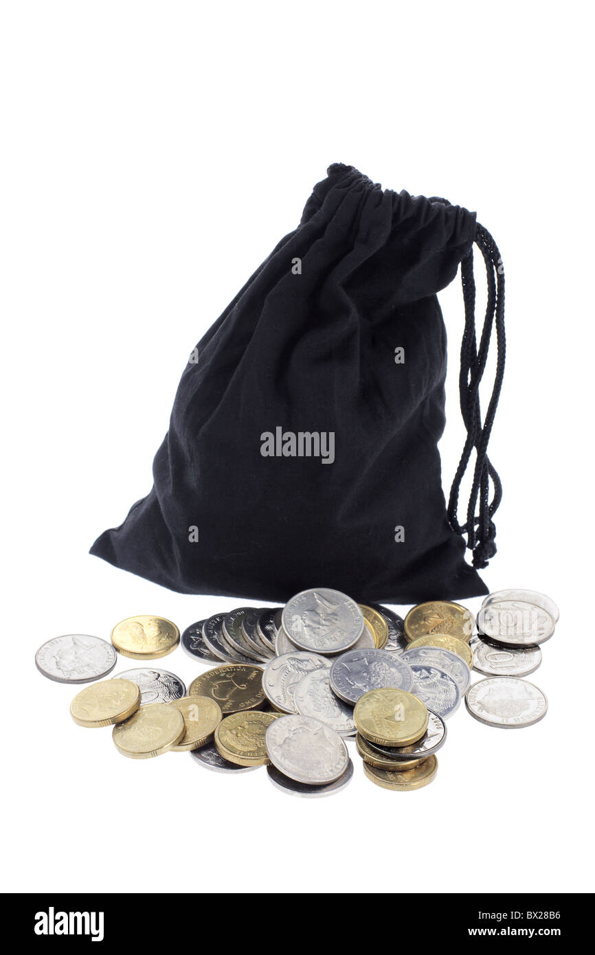 Drawstring Bag and Coins Stock Photo