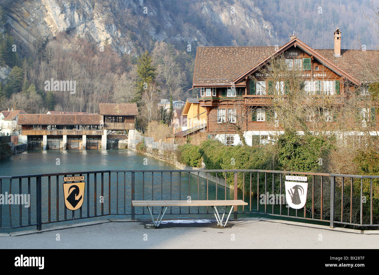 Bridge over the Aare River between the two towns of Interlaken and Unterseen, Switzerland. Stock Photo