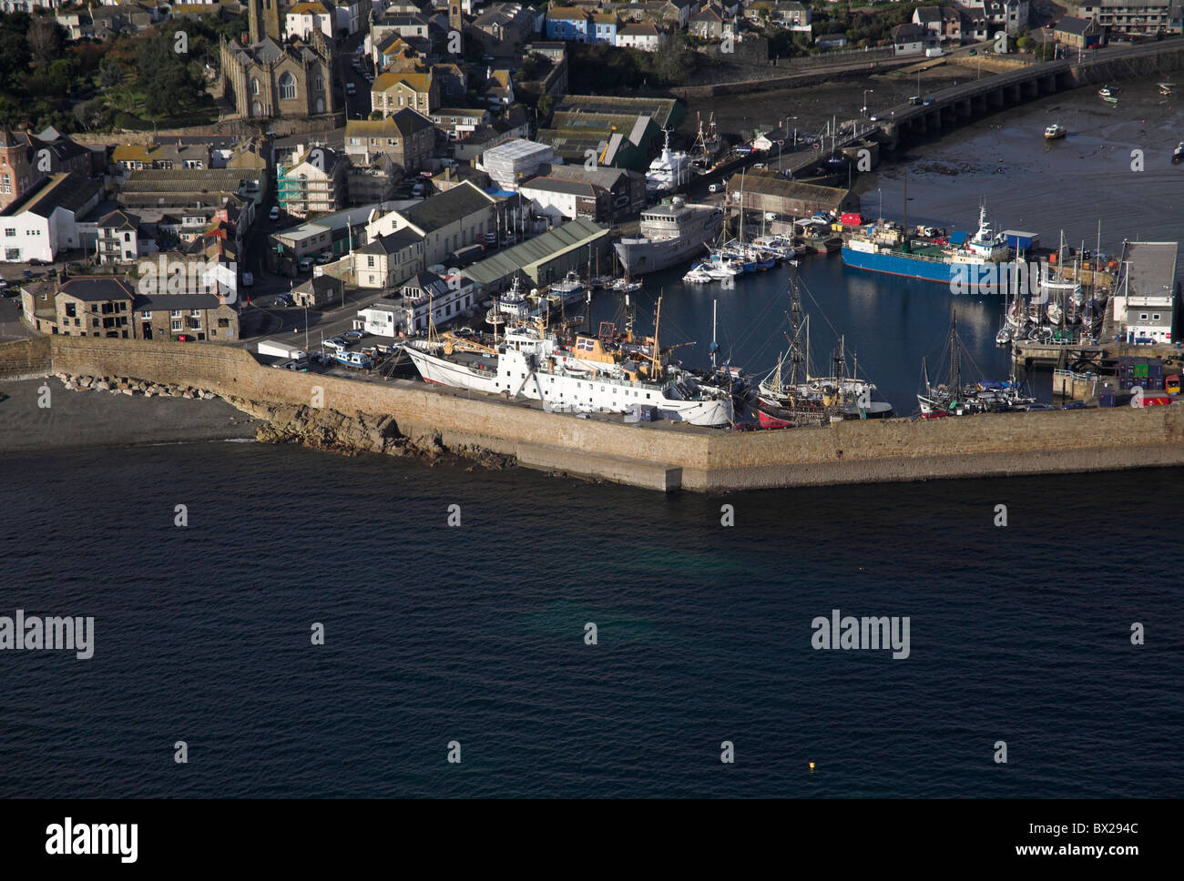 Aerial view Isles of Scilly ferry the Scillonian in dock at Penzance