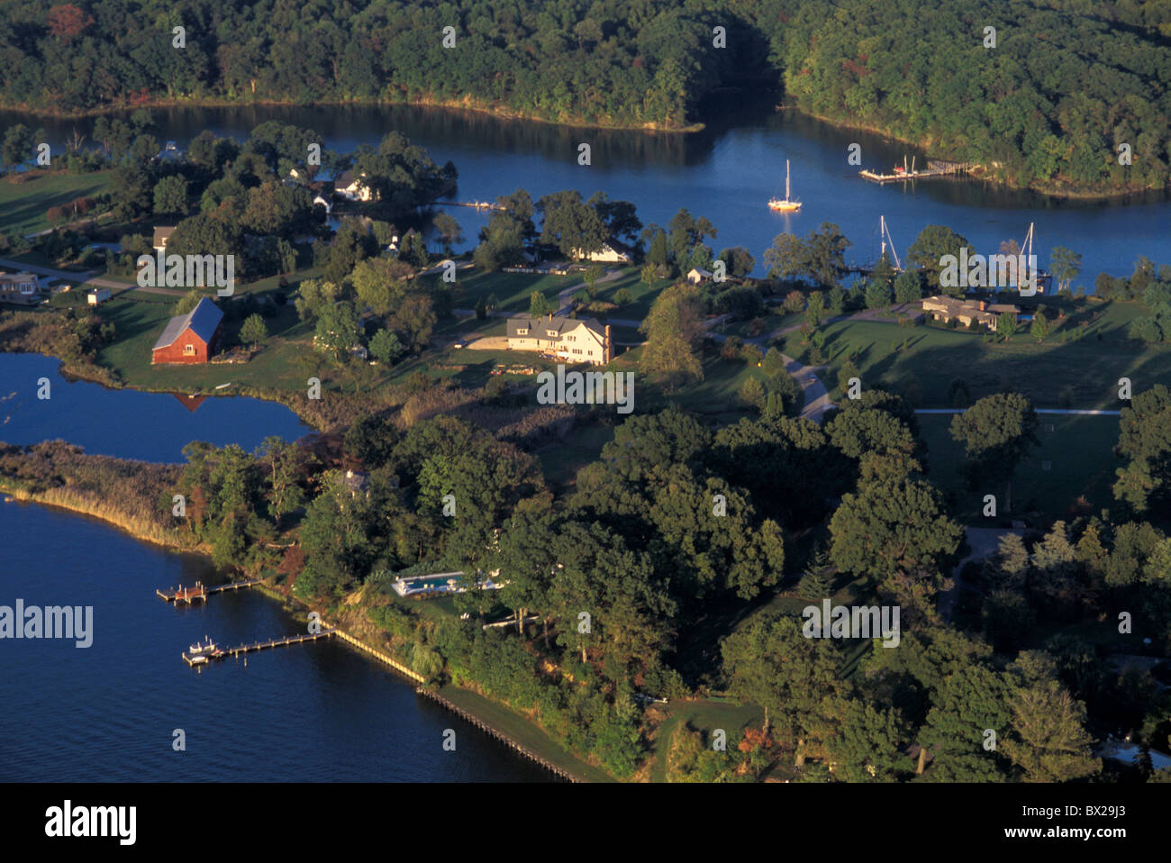 aerial photo aerial view houses homes villas boats coast sea Chesapeake
