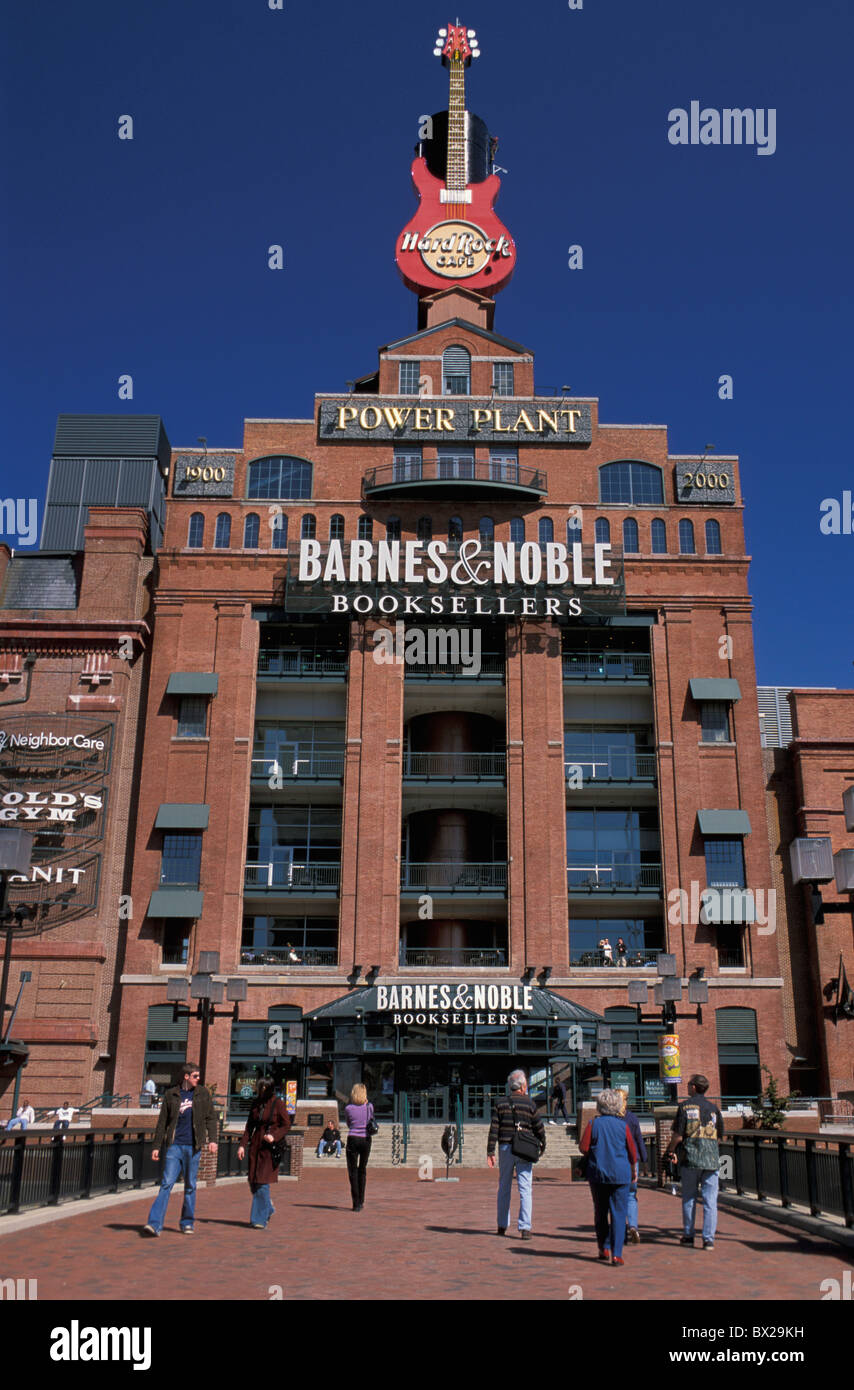 Barnes noble hard rock cafe building construction person shopping centre shopping Internal Harbour Downtown Baltimore Maryland Stock Photo