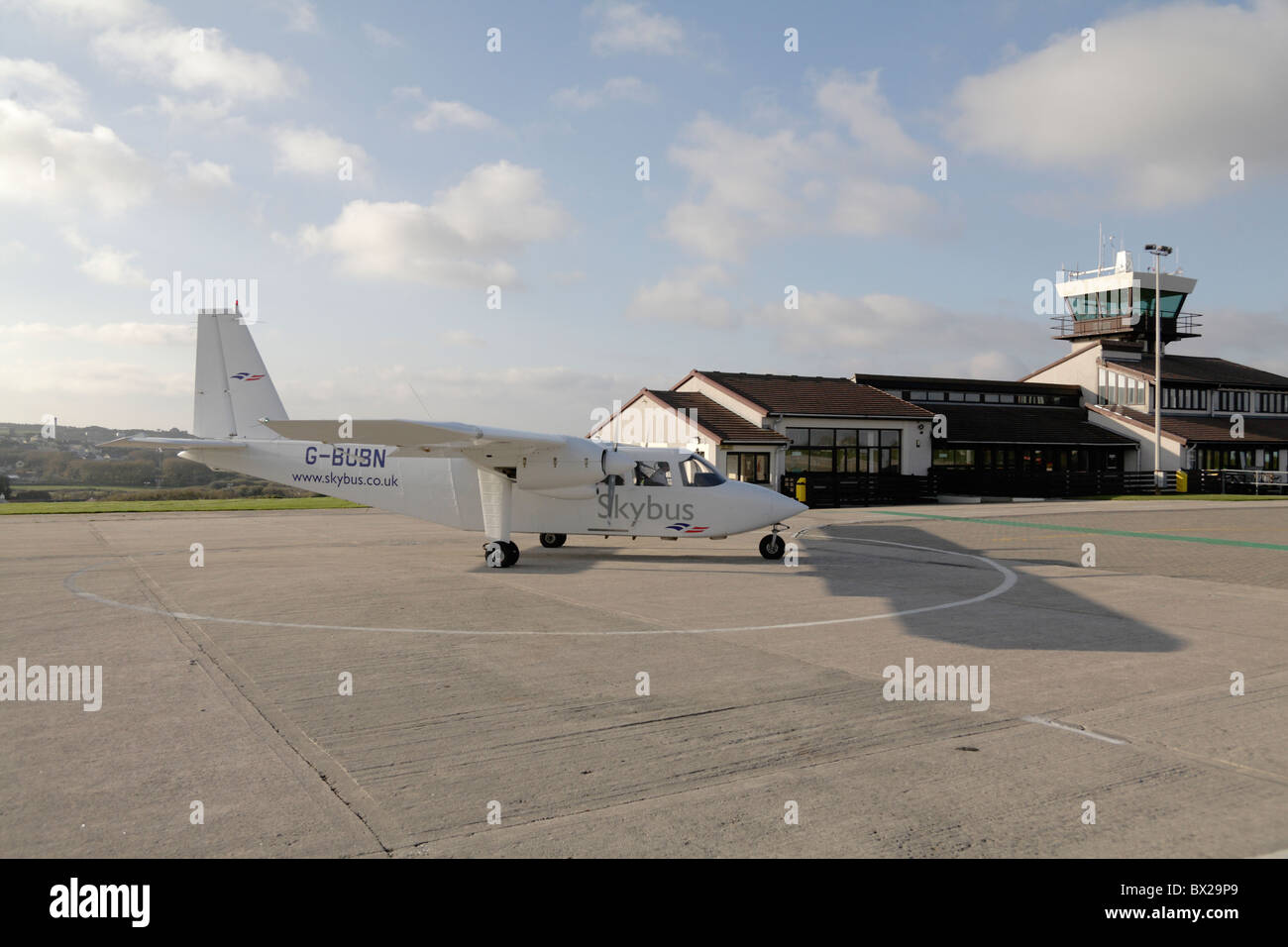 Skybus Britten Norman Islander on runway at St Marys airport Isles of Scilly Cornwall UK Stock Photo