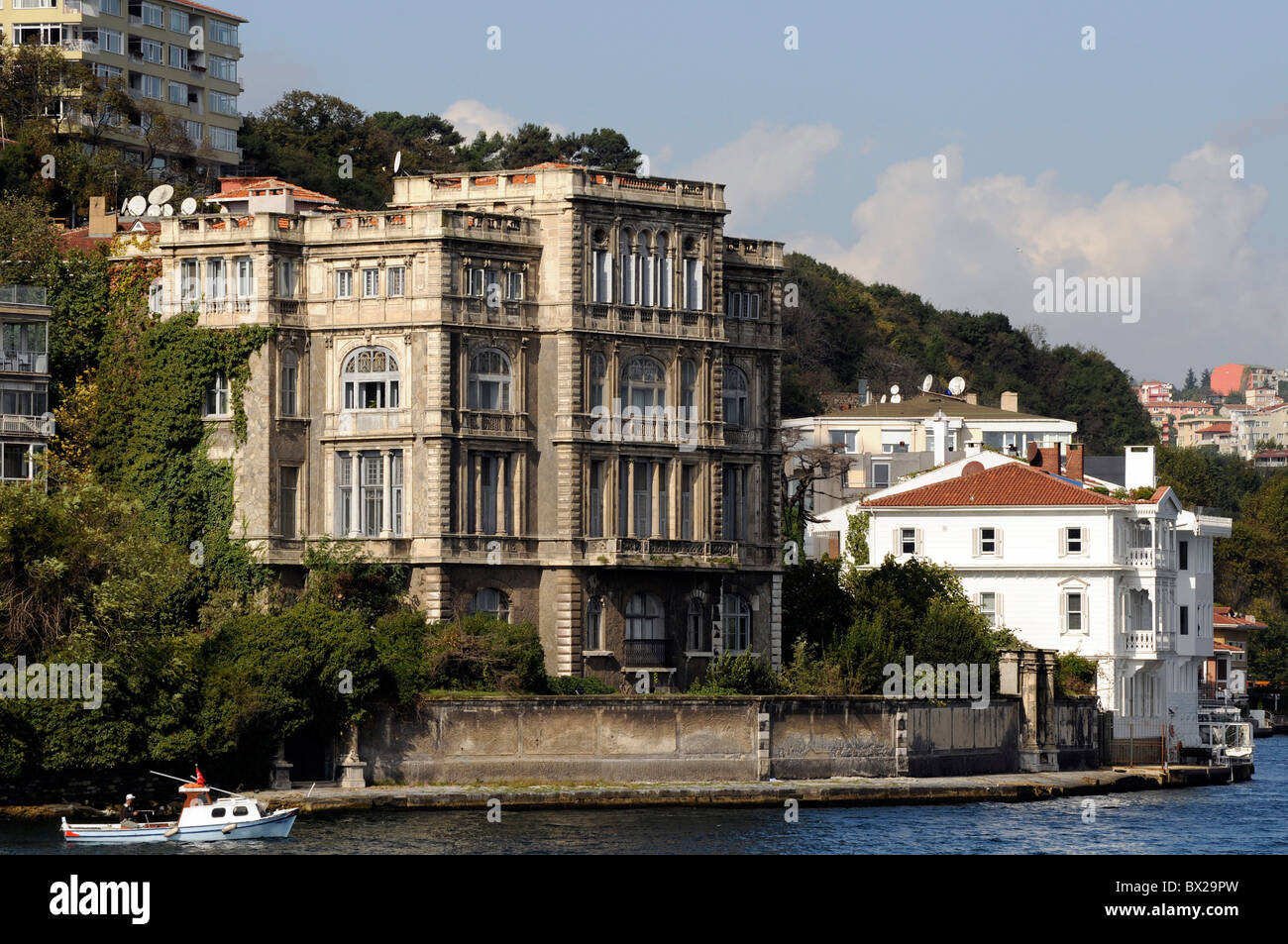 Turkish buildings viewed from the Bosphorus, Istanbul, Turkey Stock Photo