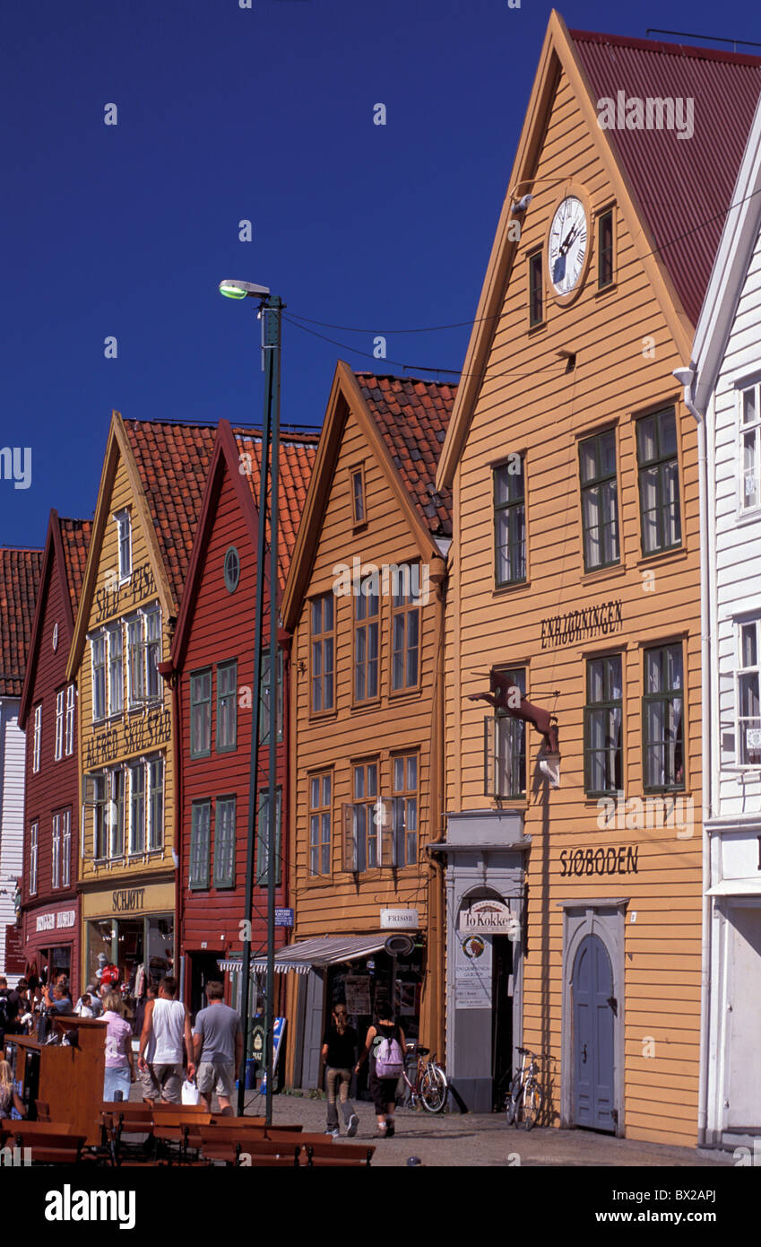 Bergen Bryggen Harbor quarter dock area Hanseatic city Horizontal Norway historical World Cultural Heritage Stock Photo