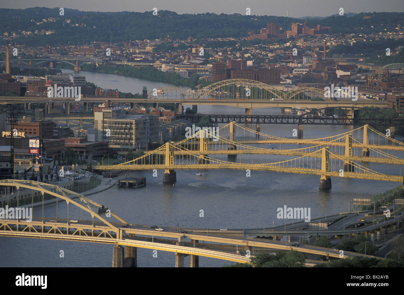 Allegheny River Bridges town city bridges river flow Pittsburgh Pennsylvania USA United States America Stock Photo