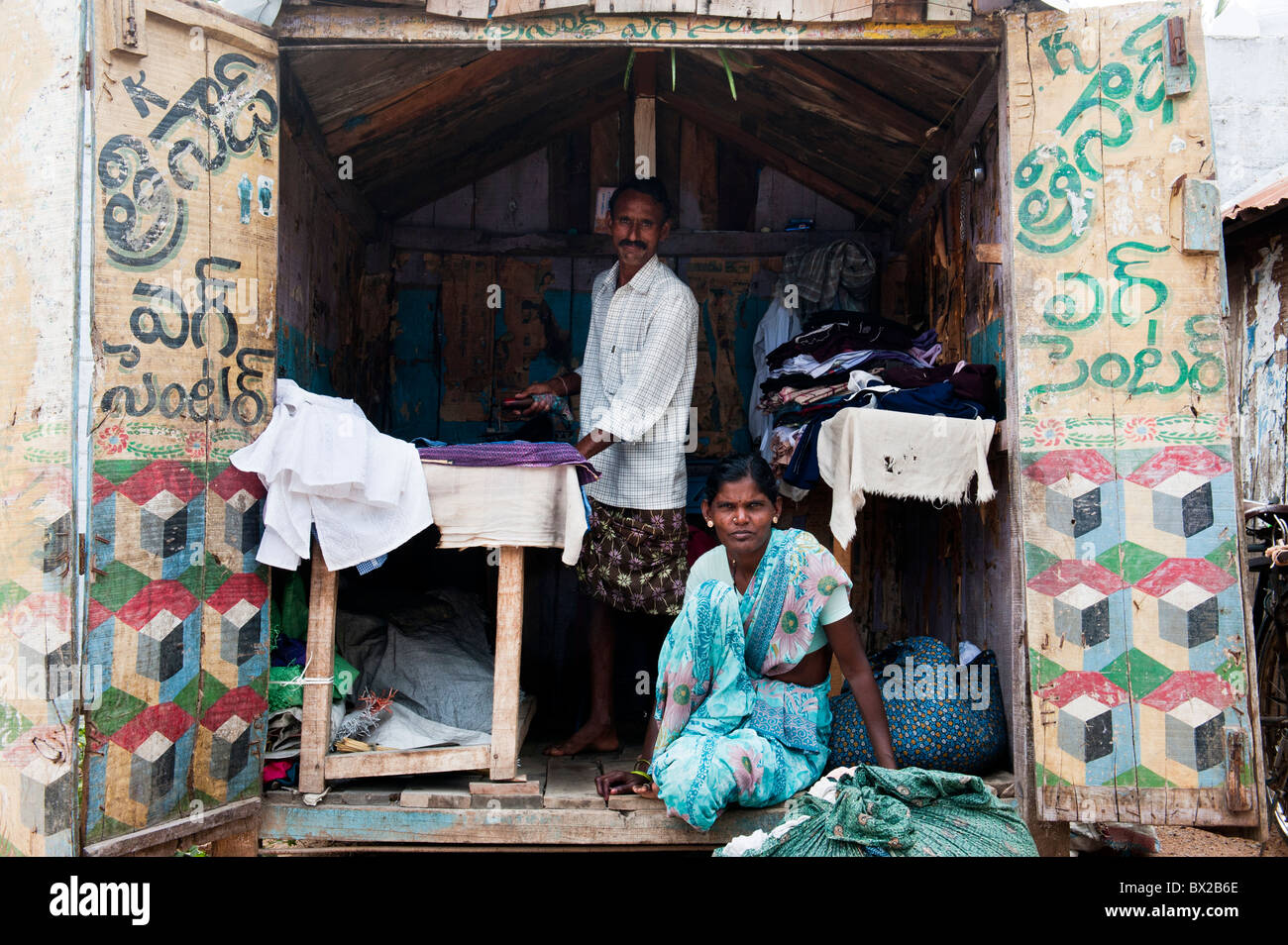 Traditional Indian street washing and ironing shack in Bukkapatnam, Andhra Pradesh, India Stock Photo