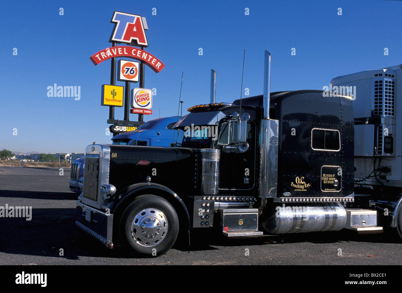 Truck Truck stop resting place TRUCK parking lot motorway service area California USA United States America Stock Photo