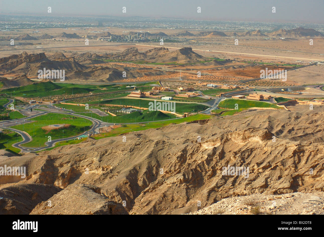 scenery overview settlement artificially irrigation green desert streets infrastructure settlement view fro Stock Photo