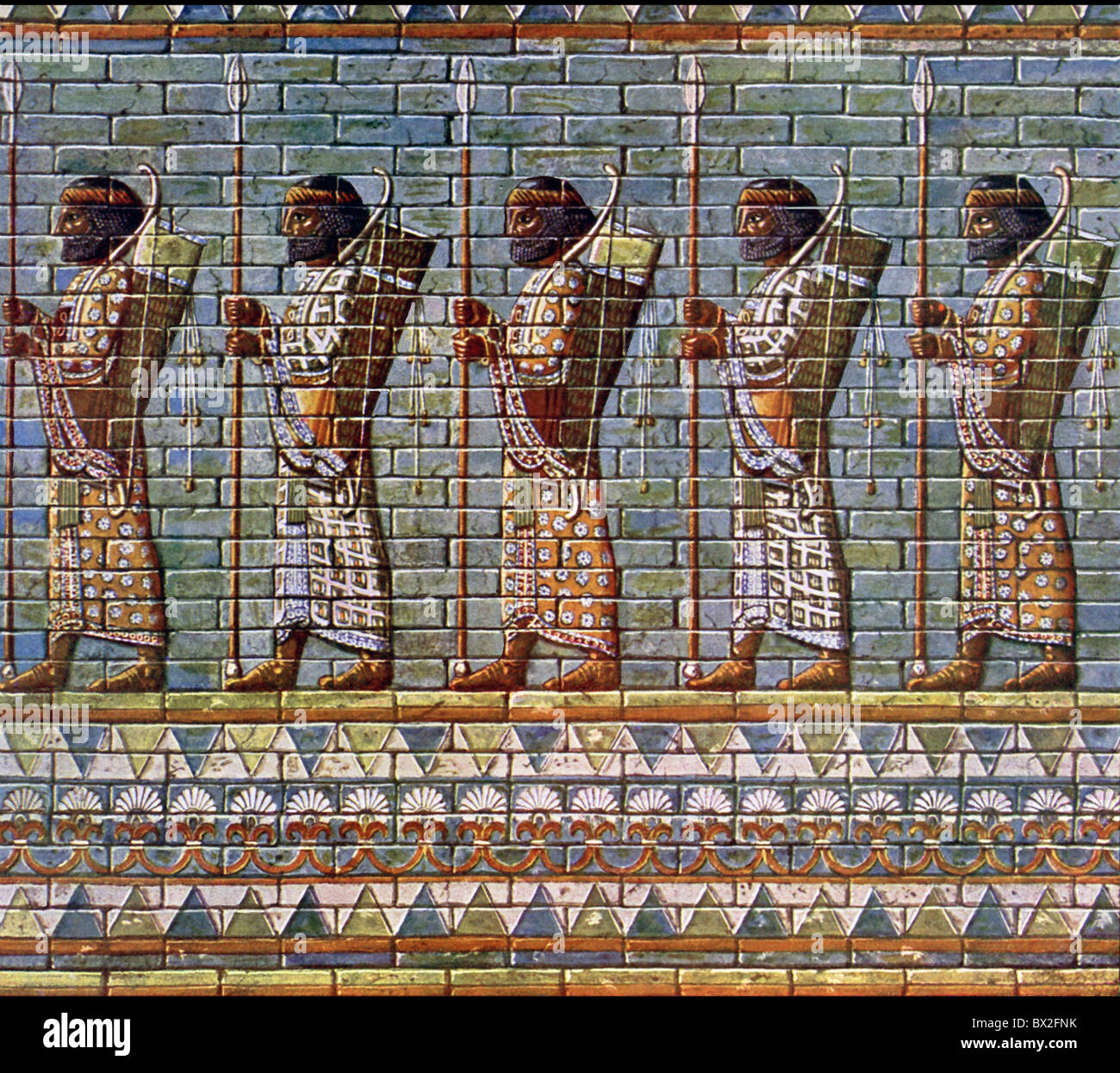 Relief frieze in colored glazed tile of royal bodyguard  is from the Audience Hall (known as the apadana) of the royal palace. Stock Photo