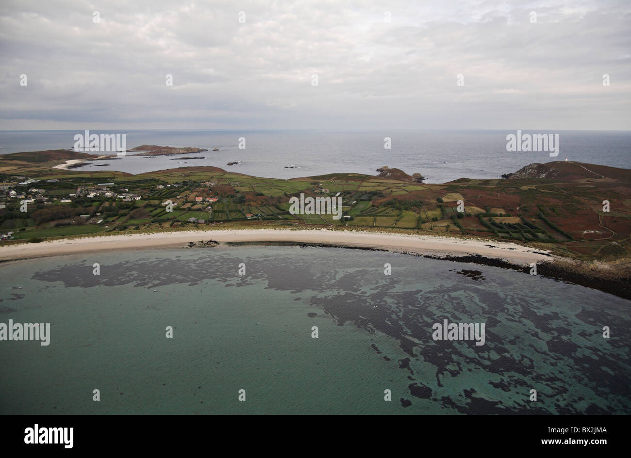 Aerial view beach higher town bay St Martins martin's Isles of Scilly