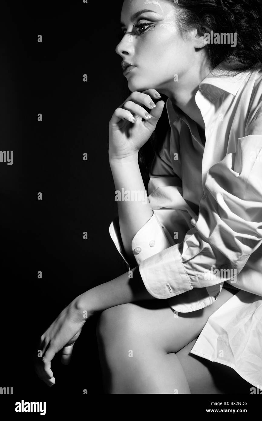 portrait of young beautiful woman in white shirt Stock Photo - Alamy
