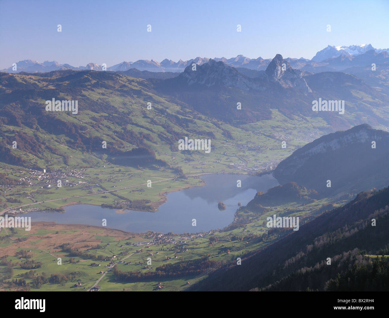 Lauerzersee big great and Kleiner Mythen overview scenery landscape lake mountains Alps Canton Schwyz Switz Stock Photo