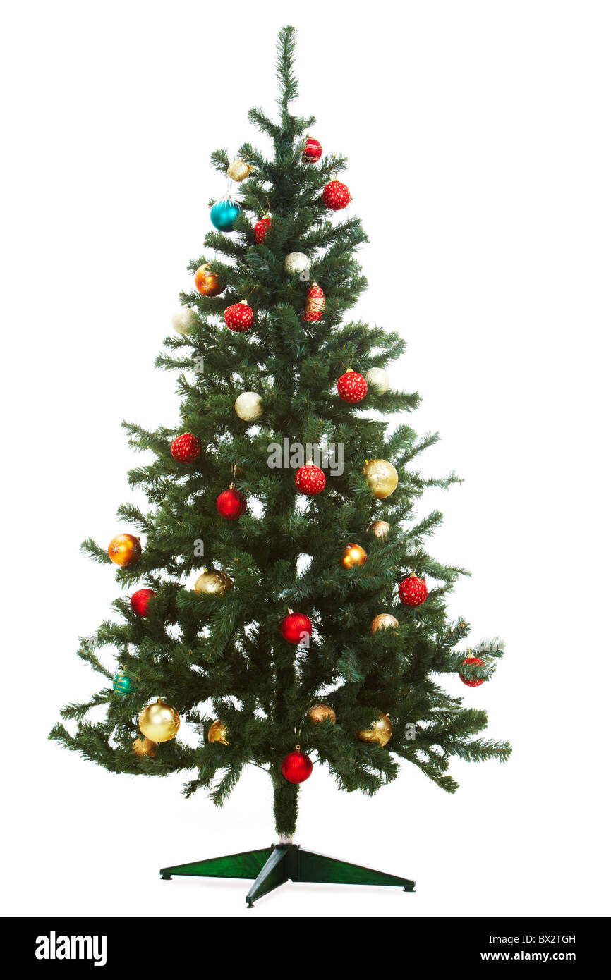 Image of Christmas fir tree decorated with red and golden toy balls ...