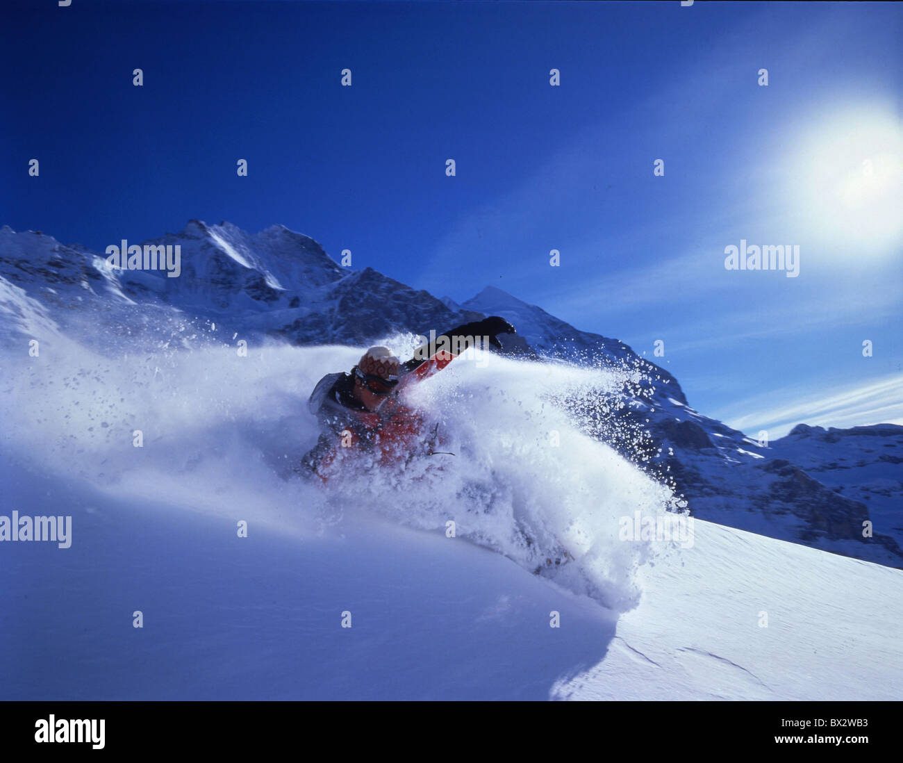 snowboard Snowboarder Kleine Scheidegg snow winter Alps mountains Jungfrau Monch Eiger winter sports sports Stock Photo