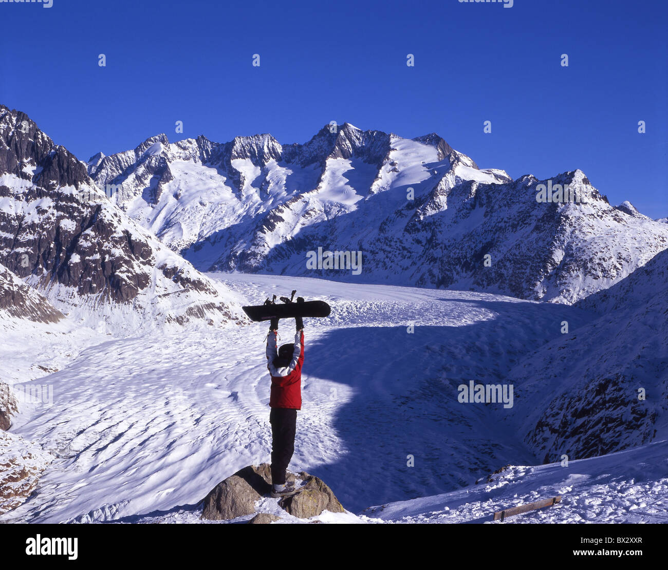 Aletsch glacier Snowboarder snowboard Moosfluh near Riederalp winter sports sports spare time Canton Valais S Stock Photo