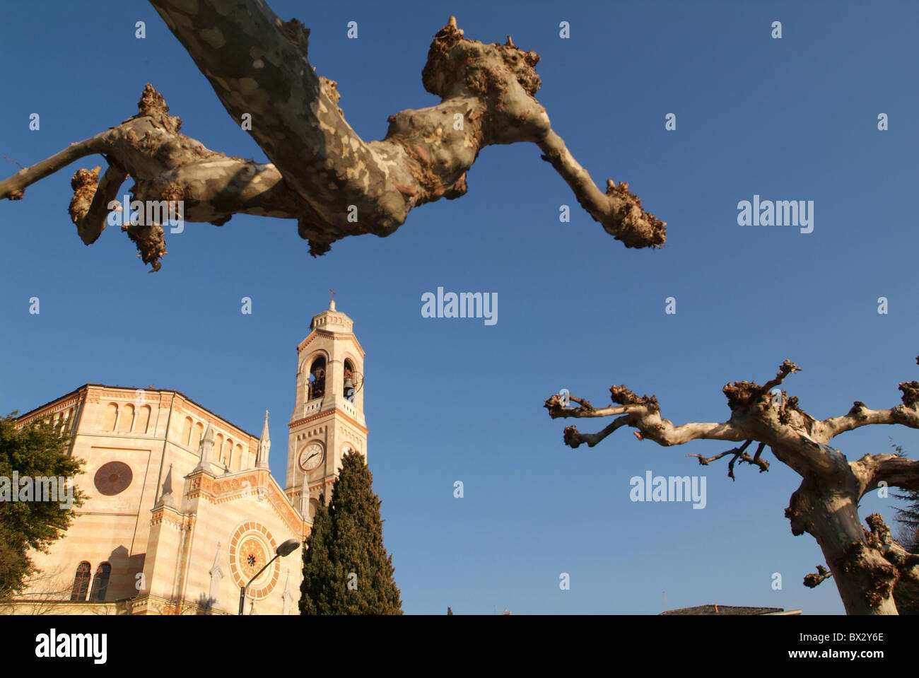 church Tremezzo Lago di Como Comersee plane trees sky Italy Europe Lombardy Stock Photo