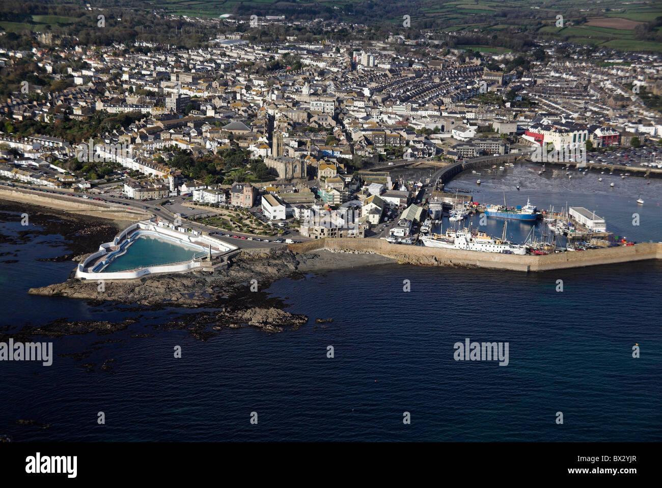 Aerial view Isles of Scilly ferry the Scillonian in dock at Penzance