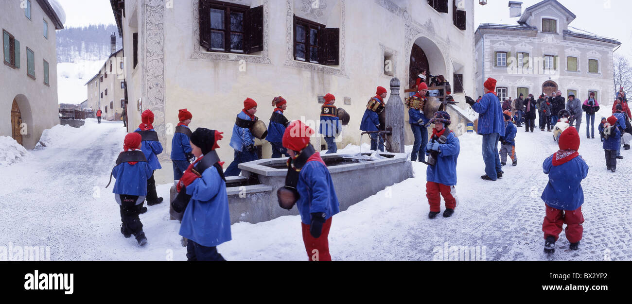 Chalandamarz Schellenursli children cow bells bells national costumes Guarda Engadine Lower Engadine national Stock Photo