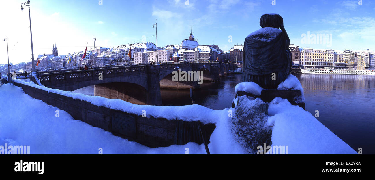 Basel Basle town city winter river Rhine old town middle Rhine bridge ...
