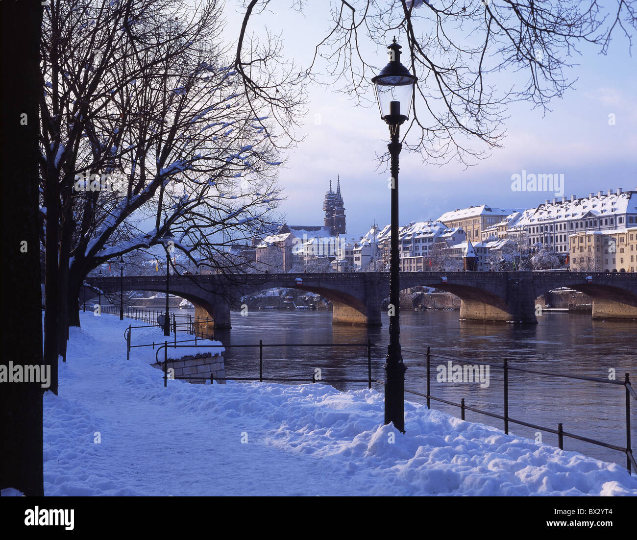 Basel Basle town city winter promenade Rhine shore river Rhine snow
