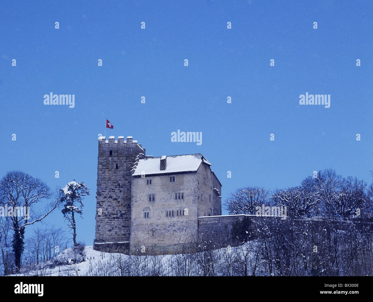 Habsburg castle fortress family castle Habsburger history winter snow canton Aargau Switzerland Europe Stock Photo