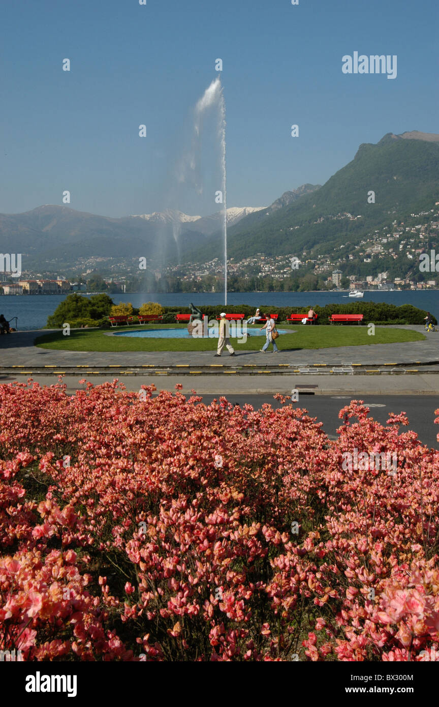 Paradiso Fontane shore park flowers lake lake Lugano Lago di Lugano canton Ticino Switzerland Europe Europe Stock Photo