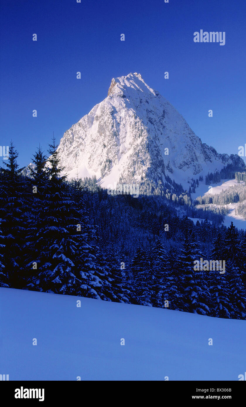 Grosser Mythen 1 899 ms mountain Alps winter scenery winter snow snow-covered gruff scanty mountain scenery Stock Photo