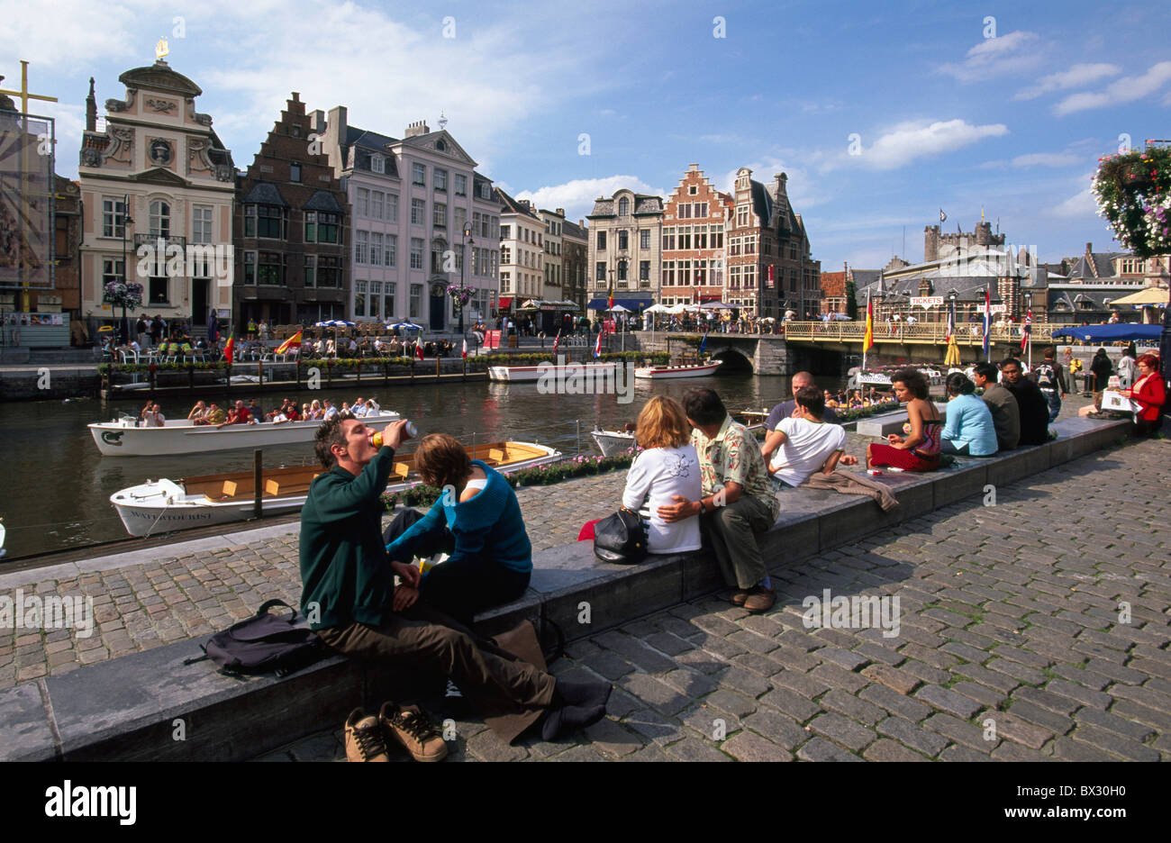 Graslei and river Leie  in Gent, Flandern, Belgien Stock Photo