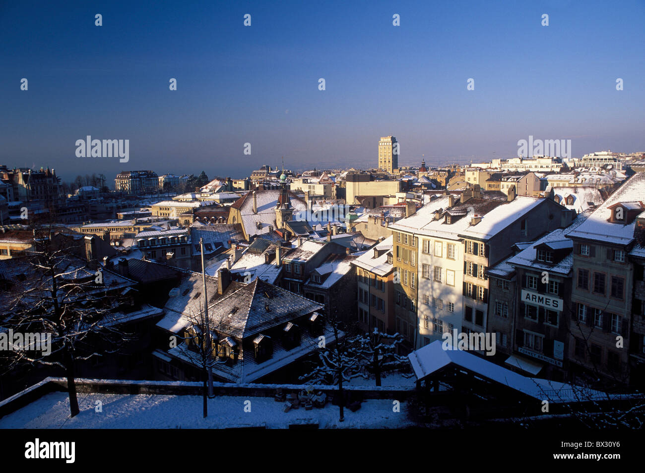 winter Lausanne overview town city roofs snow canton Vaud Switzerland ...