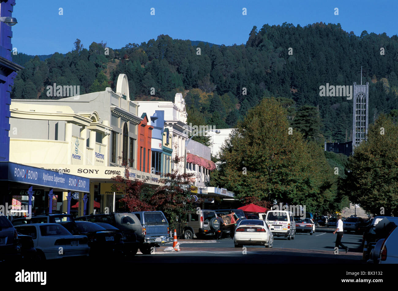 Nelson shops cars New South Island Trafalgar Street New Zealand Stock