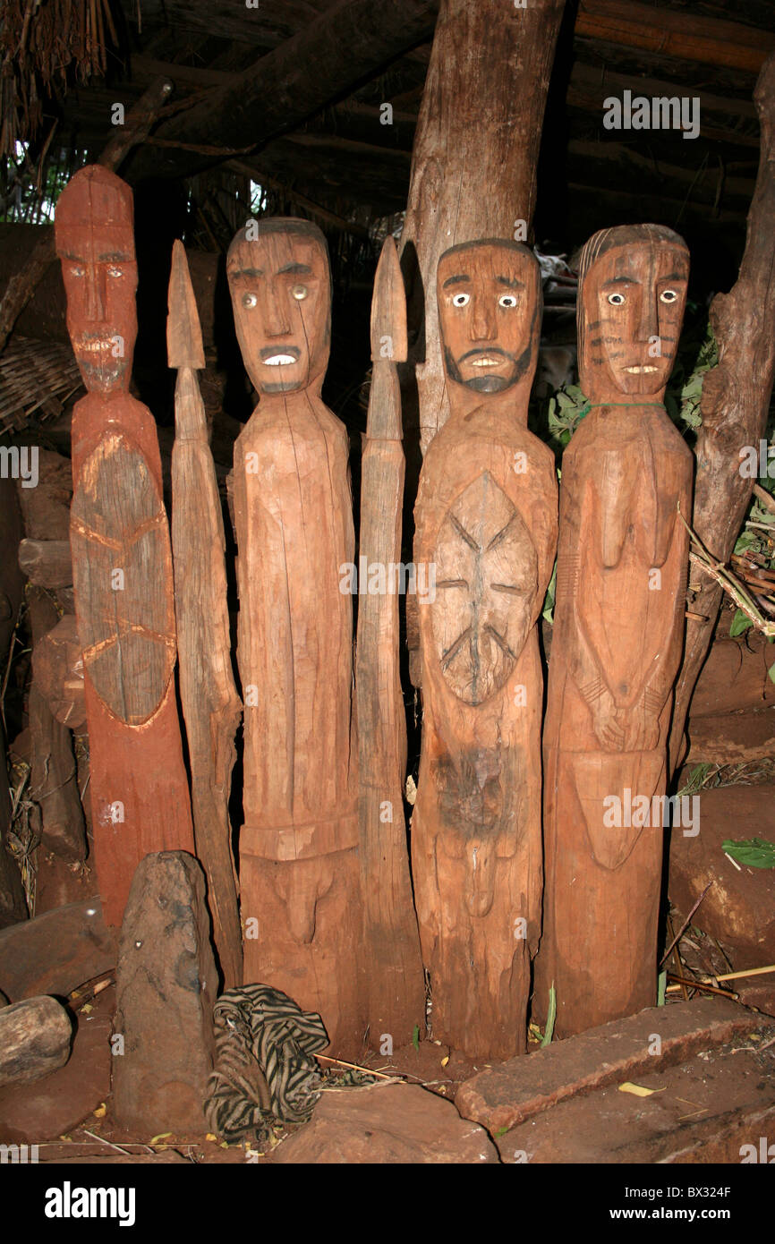 Traditional Konso Tribe Wooden Grave Markers or Wagas, Ethiopia Stock Photo