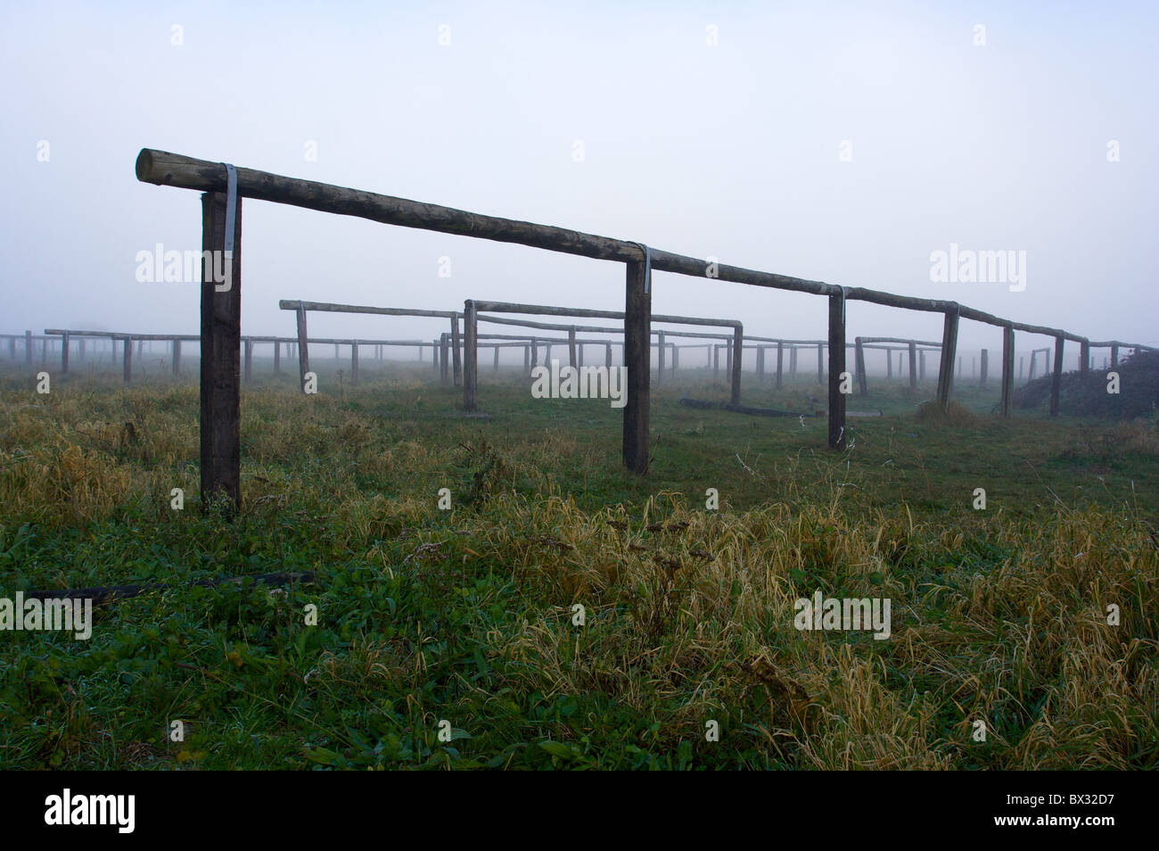 seaside,foggy, wooden frame,Lowestoft,Suffolk,UK Stock Photo