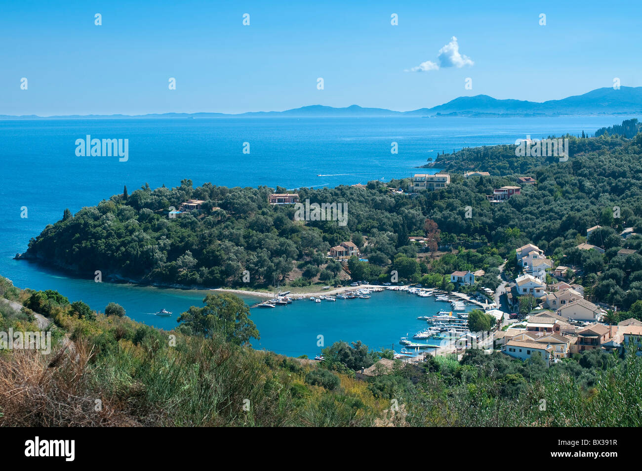 Overview of Agios Stefanos Bay, Corfu, Greece Stock Photo