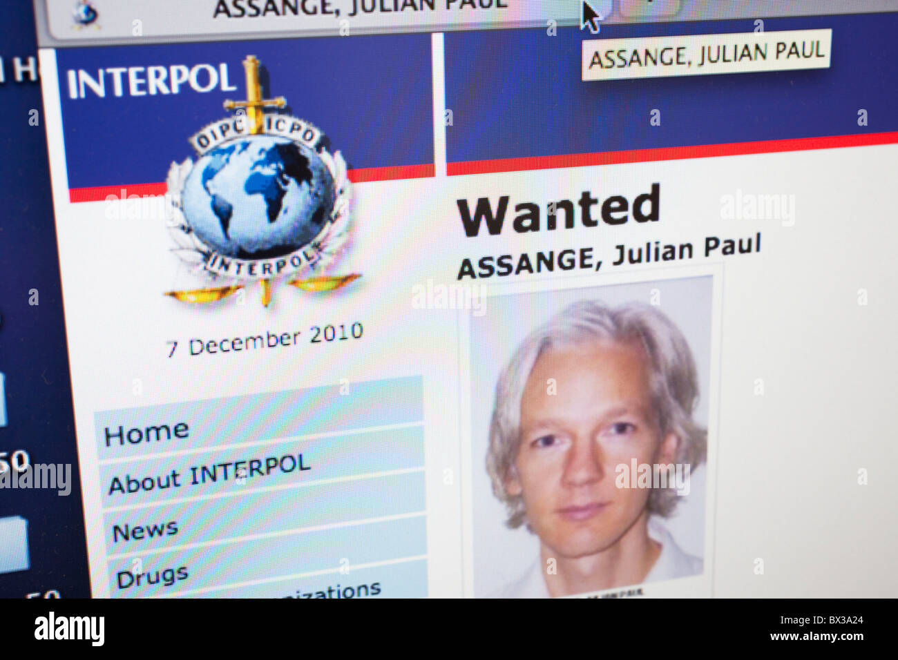 Website for Interpol shows Julian Assange's status as Wanted. Founder of the whistle-blowing website Wikileaks, Julian Assange. Stock Photo