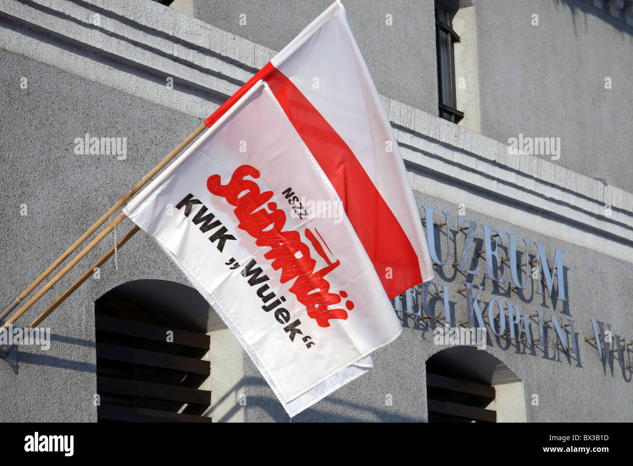 'Miner's day' in Poland. Flag of Solidarity Union, Coal mine 'Wujek'. Katowice, Poland. Stock Photo