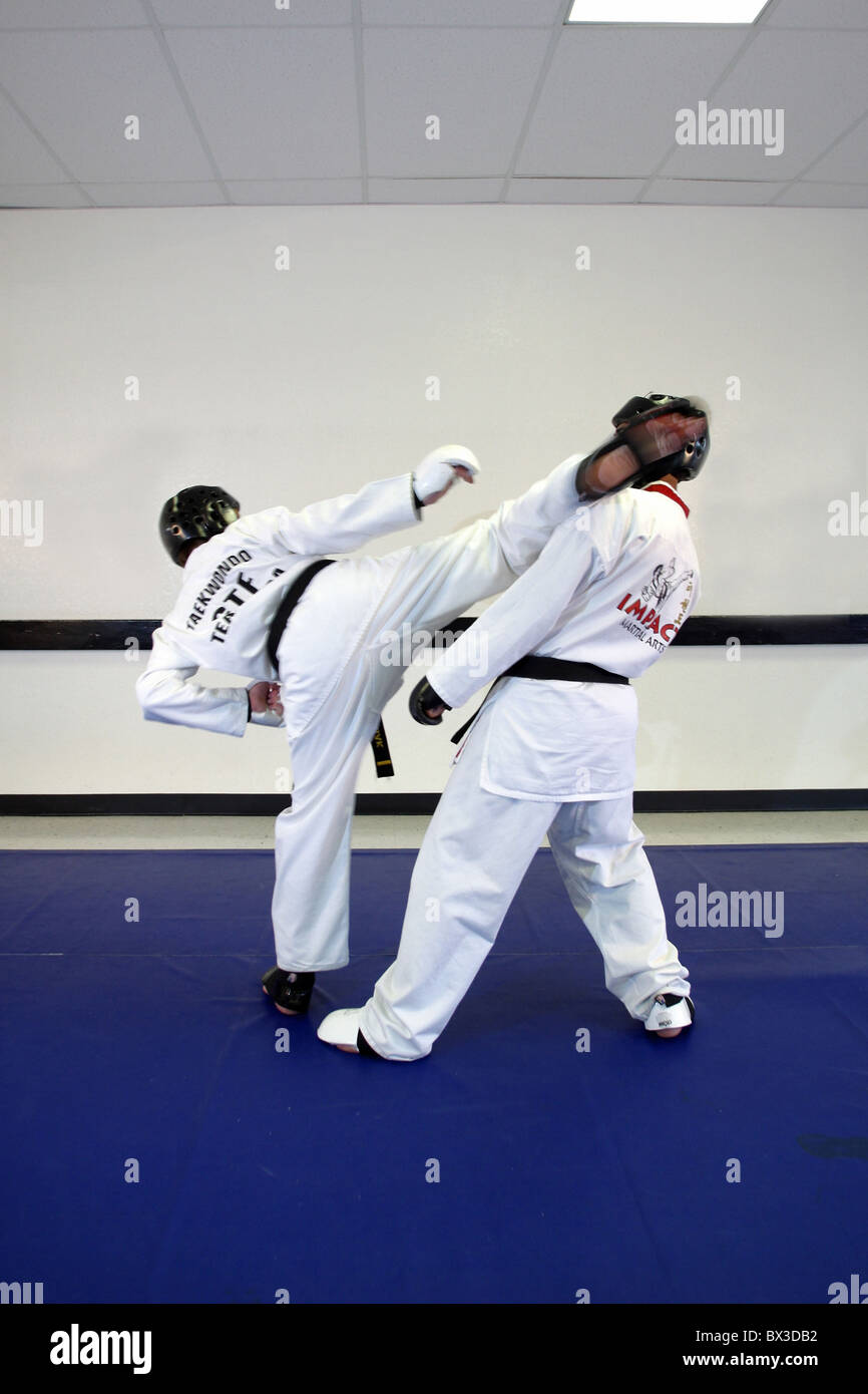 Sports martial arts Tae Kwon Do class people dojo training practice  sparring black belt dan master protect Stock Photo - Alamy