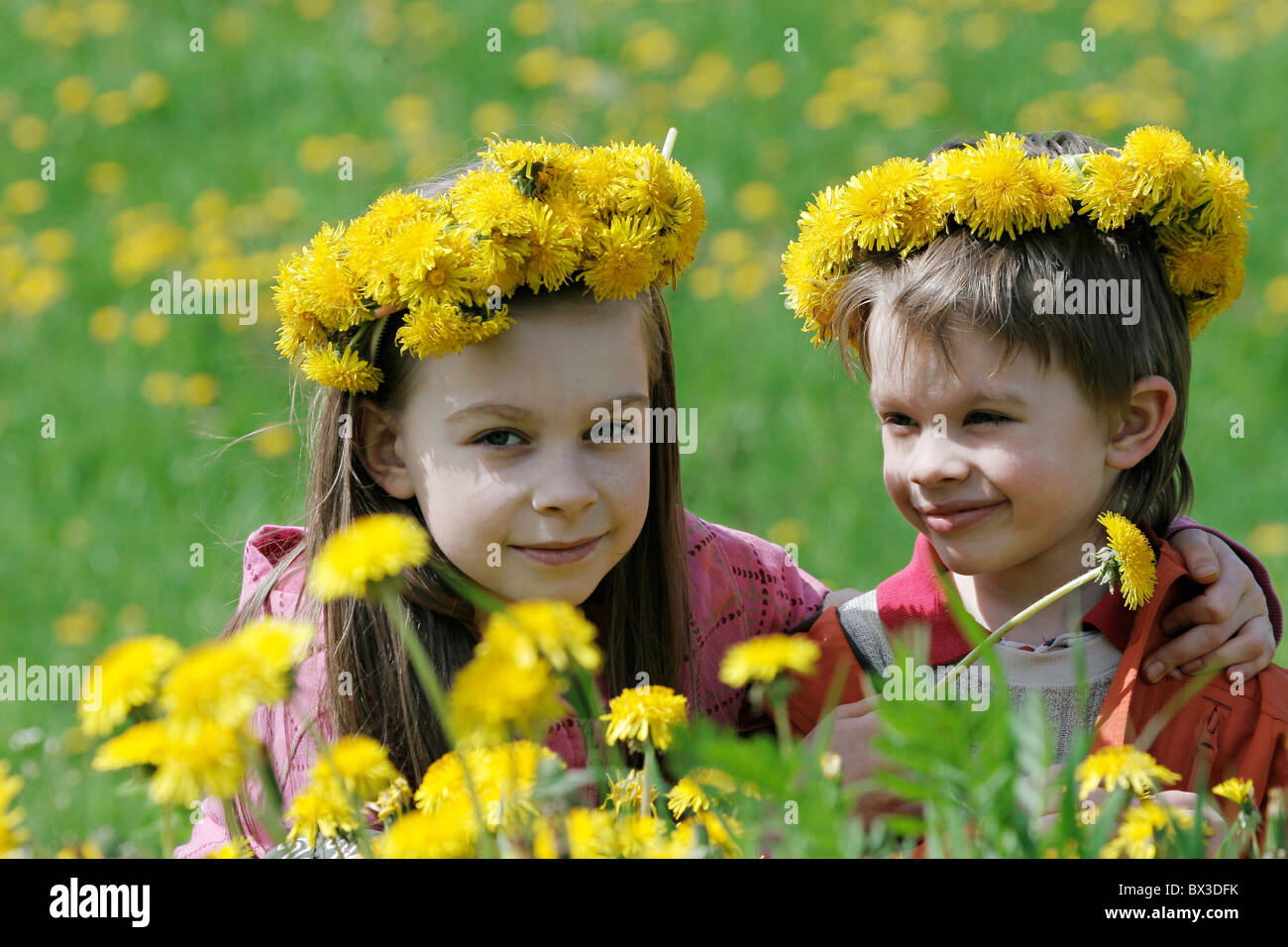 Brother and sister enjoy summer time in the dandelion meadow Stock ...