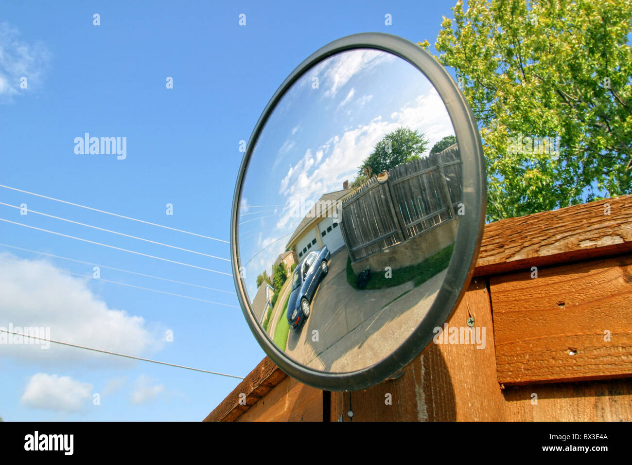 USA America United States North America Texas Richardson convex mirror back alley safety traffic Stock Photo