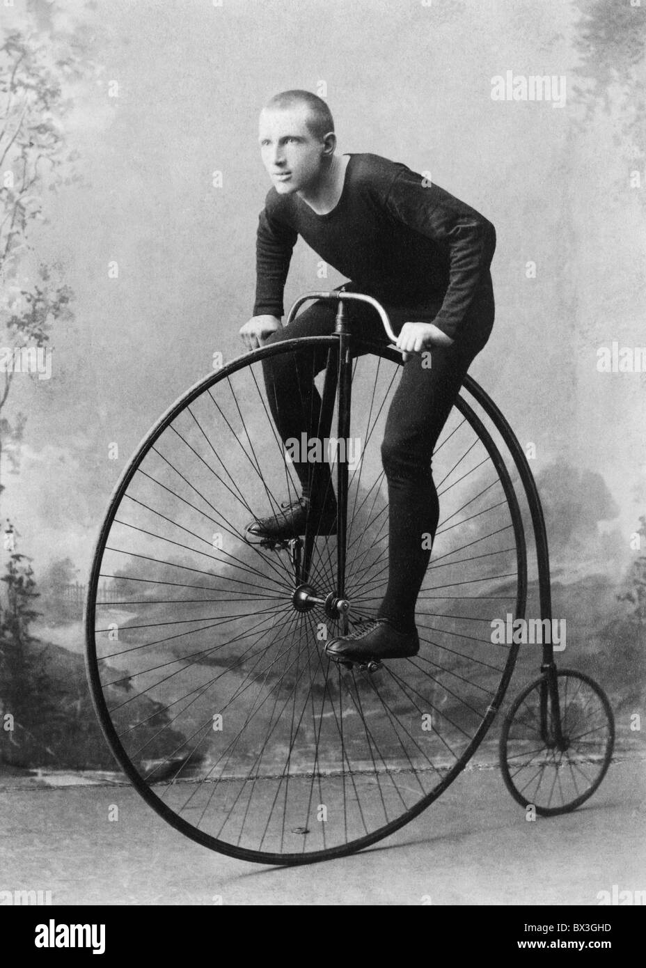 Vintage portrait photo circa 1891 of World Champion cyclist William Walker Martin on a penny-farthing bicycle. Stock Photo