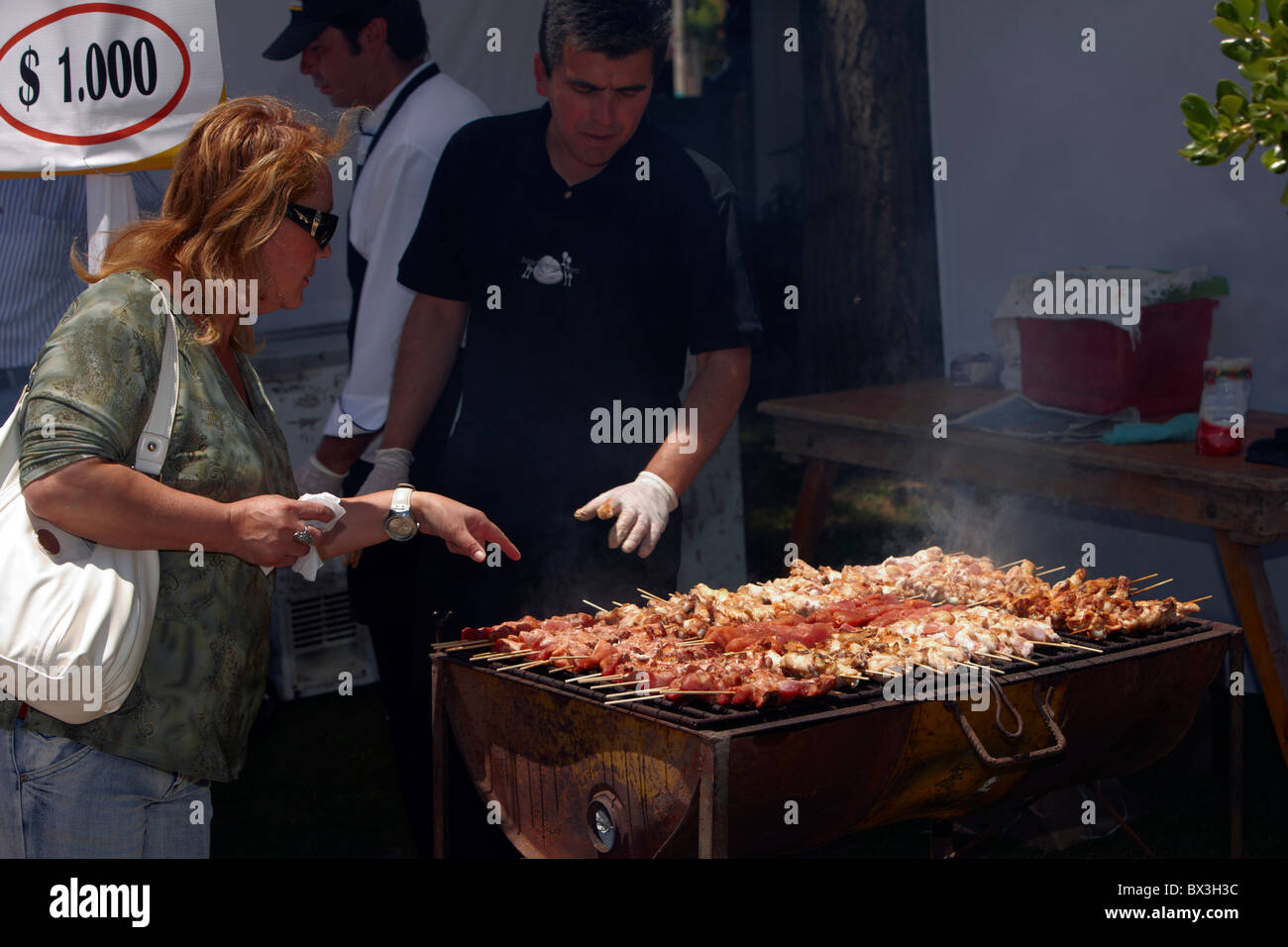 Grilling pork kebabs in La Plaza de Armas, Santa Cruz, Colchagua Valley, Chile. Stock Photo