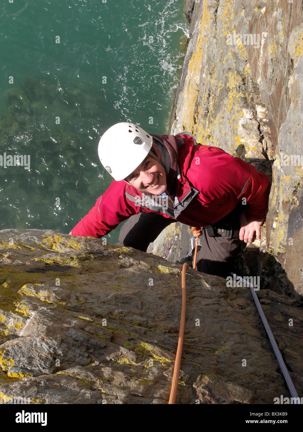 A rock climber on Pel, Castell Helen, Gogarth Stock Photo
