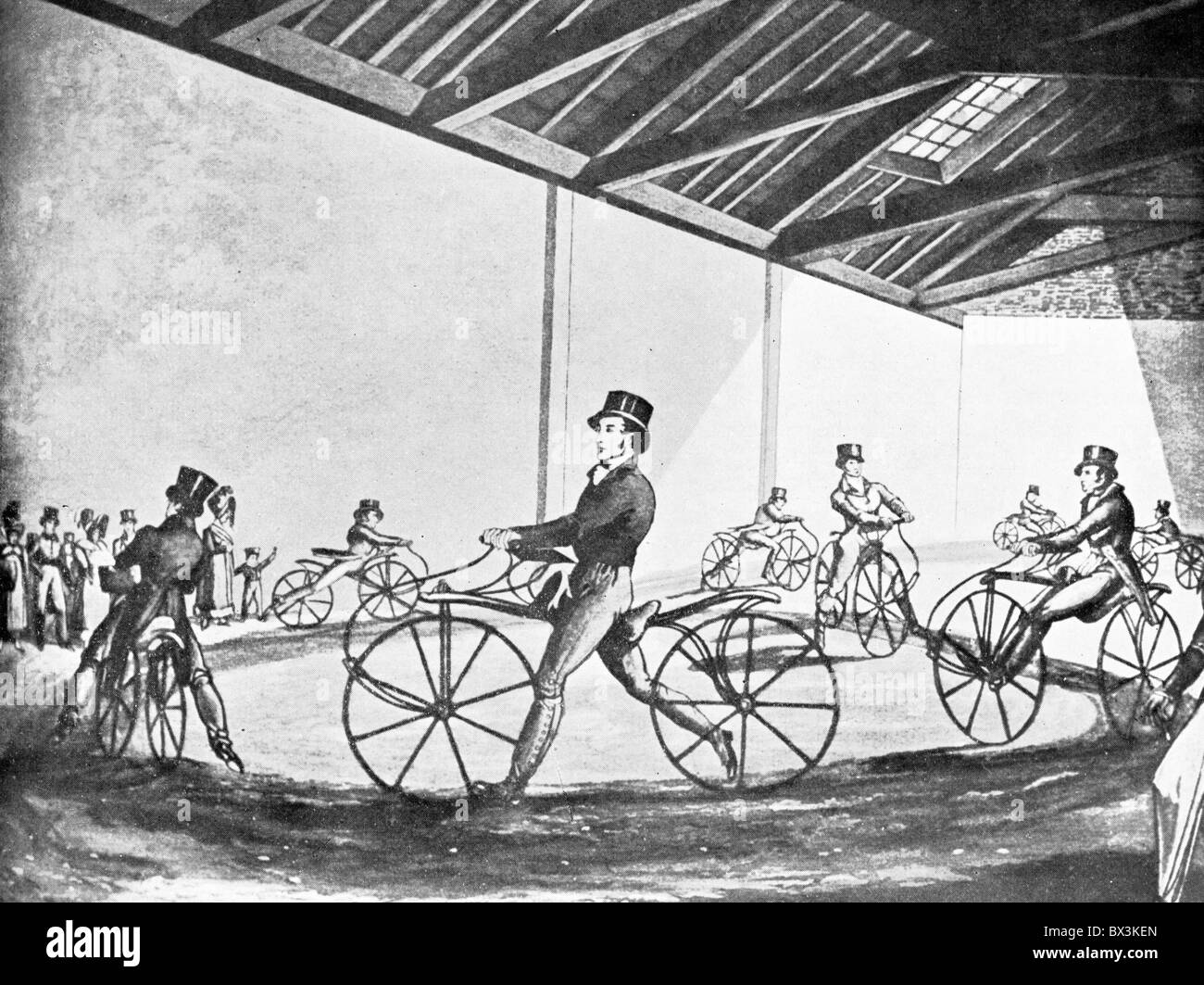 Johnson's Pedestrian Hobby-Horse Riding School at 377 The Strand circa 1819; Black and White Illustration; Stock Photo