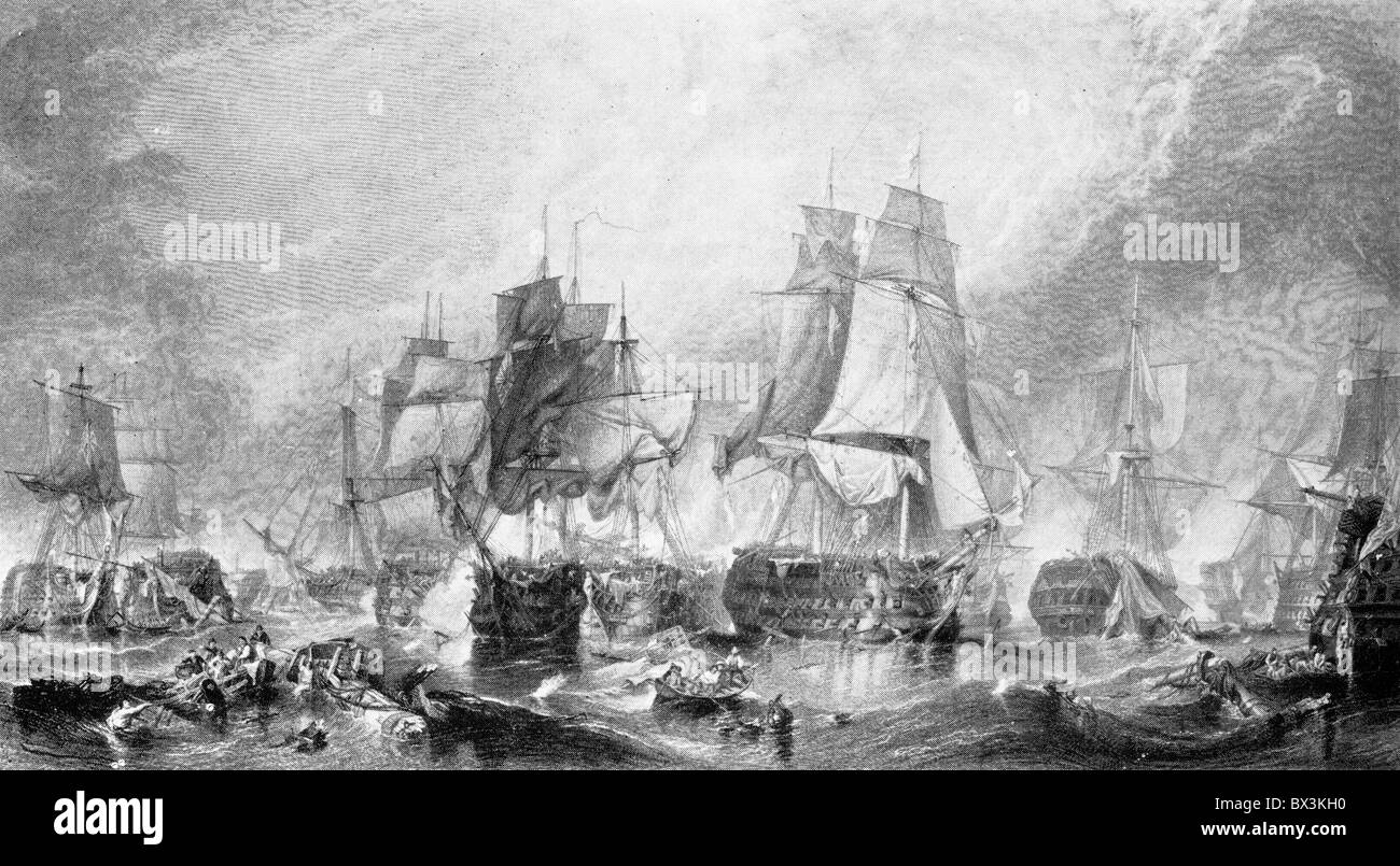 The Battle of Trafalgar, 21 October 1805; from the engraving by W Miller after C Stanfield; Black and White Illustration; Stock Photo