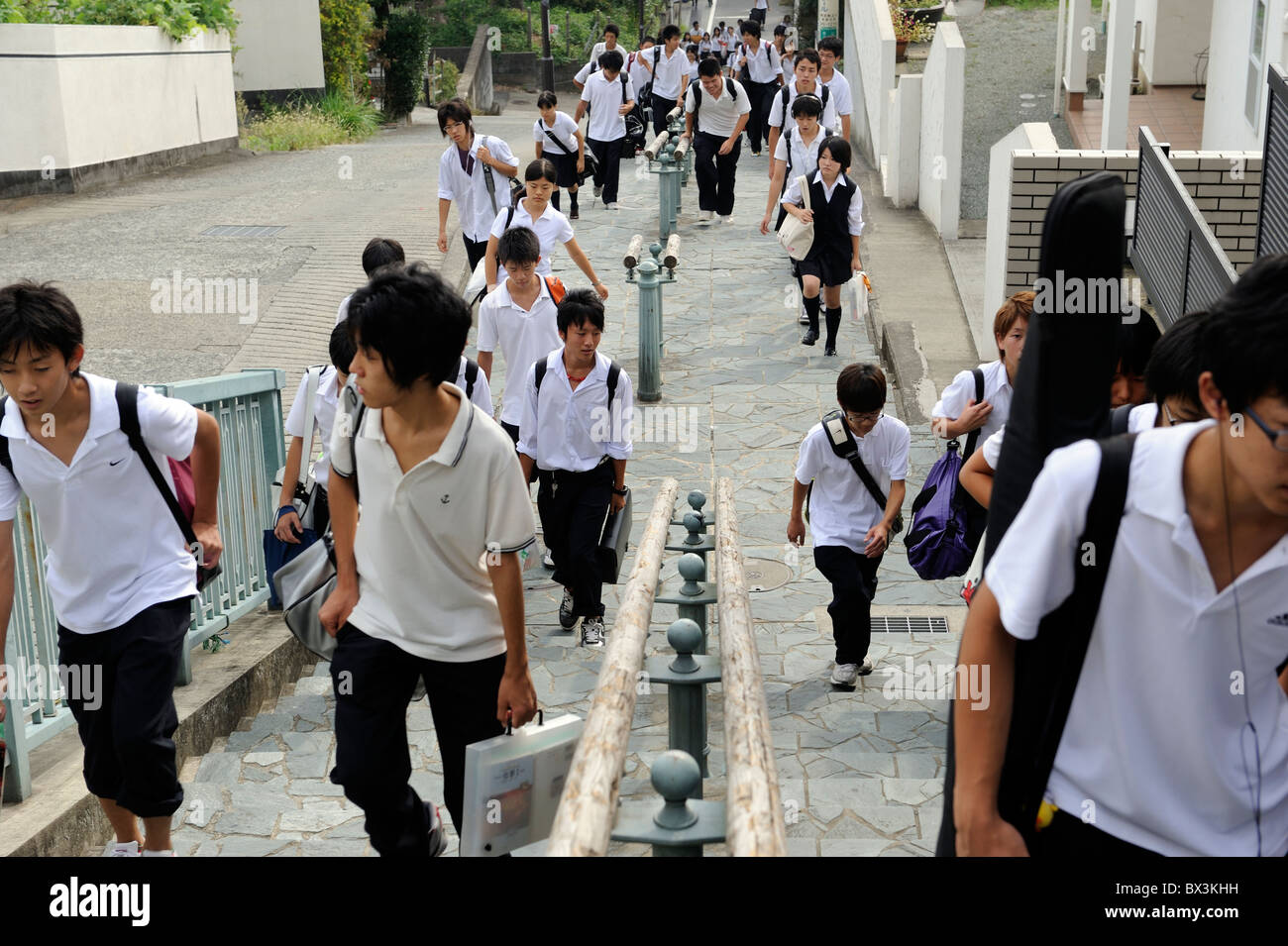 Japanese middle school students go to school in the morning in Odawara, Kanagawa, Japan. 21-Sep-2010 Stock Photo