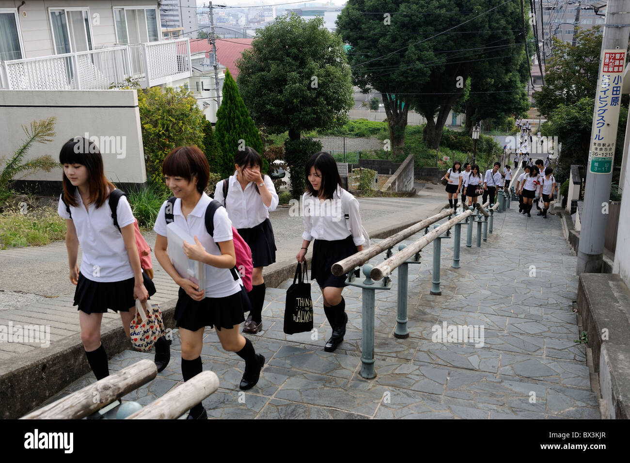 Japanese middle school students go to school in the morning in Odawara, Kanagawa, Japan. 21-Sep-2010 Stock Photo