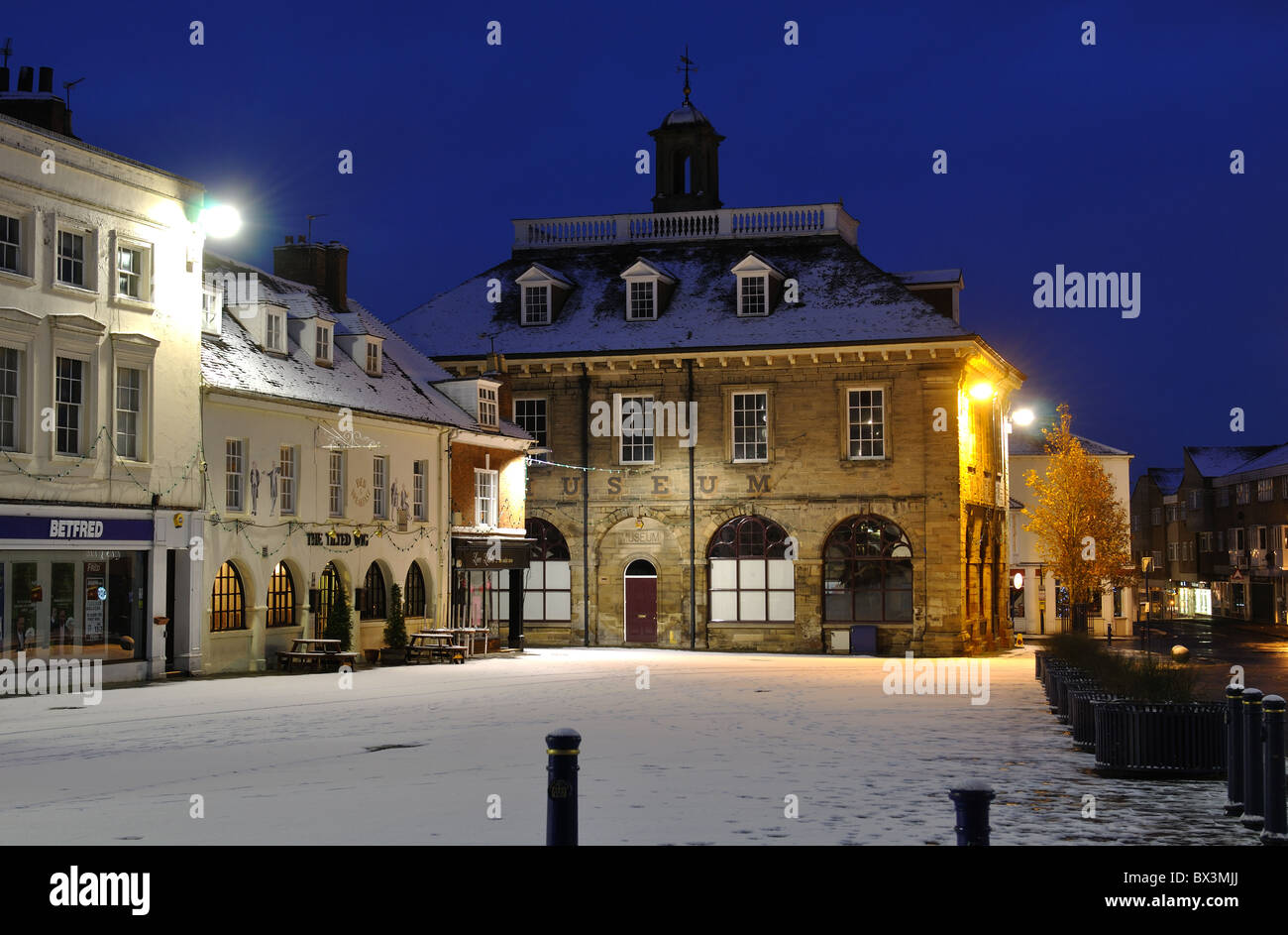 Market Place with snow in winter, Warwick, Warwickshire, England, UK