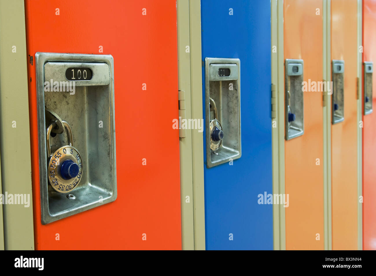 Combination Locks On A Row Of Lockers Stock Photo